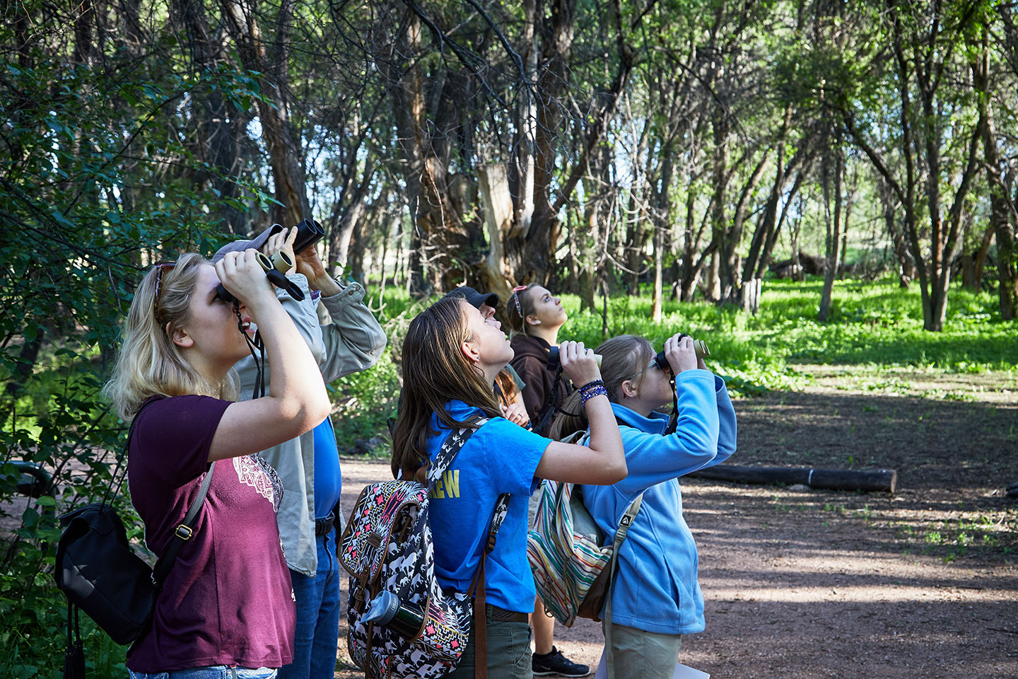 Zoo guests at a EdVenture program in the forest using binoculars