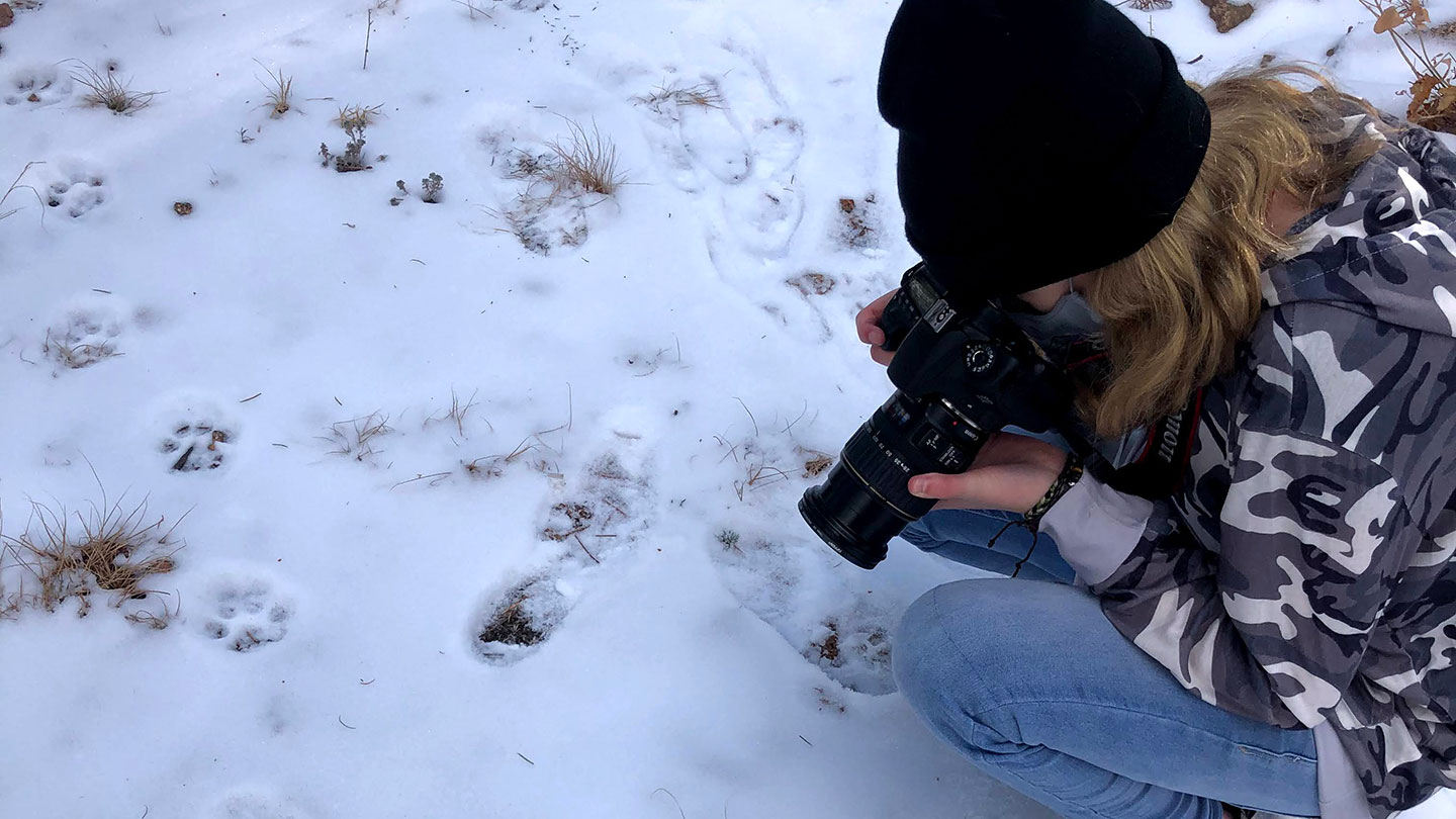 Teen photographing snow and animal tracks